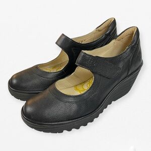 Fly London Black Leather Wedge Pump Velcro Mary Jane Comfort Shoes 9